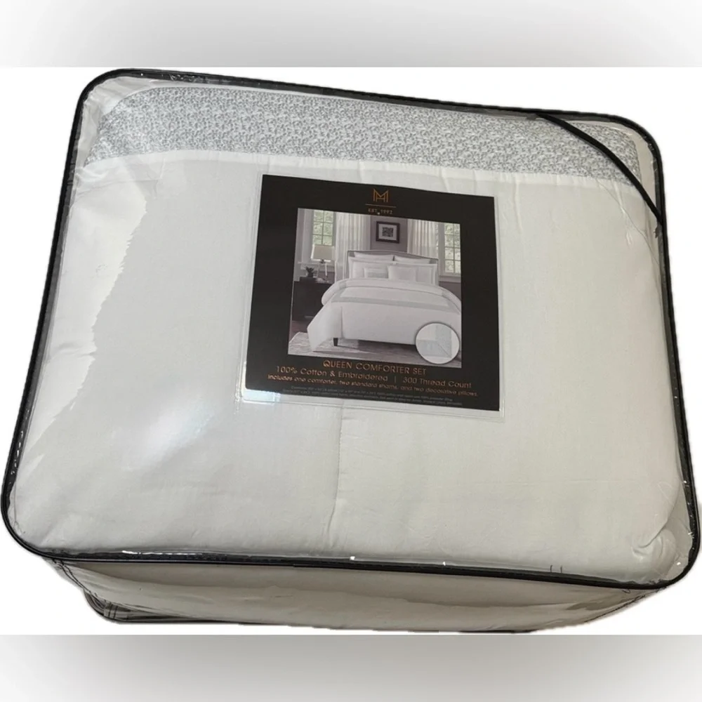 NEW! COMFORTER SET 100% COTTON 5 PIECES QUEEN MANOR HOTEL WHITE FROSTED BLUE SKY
